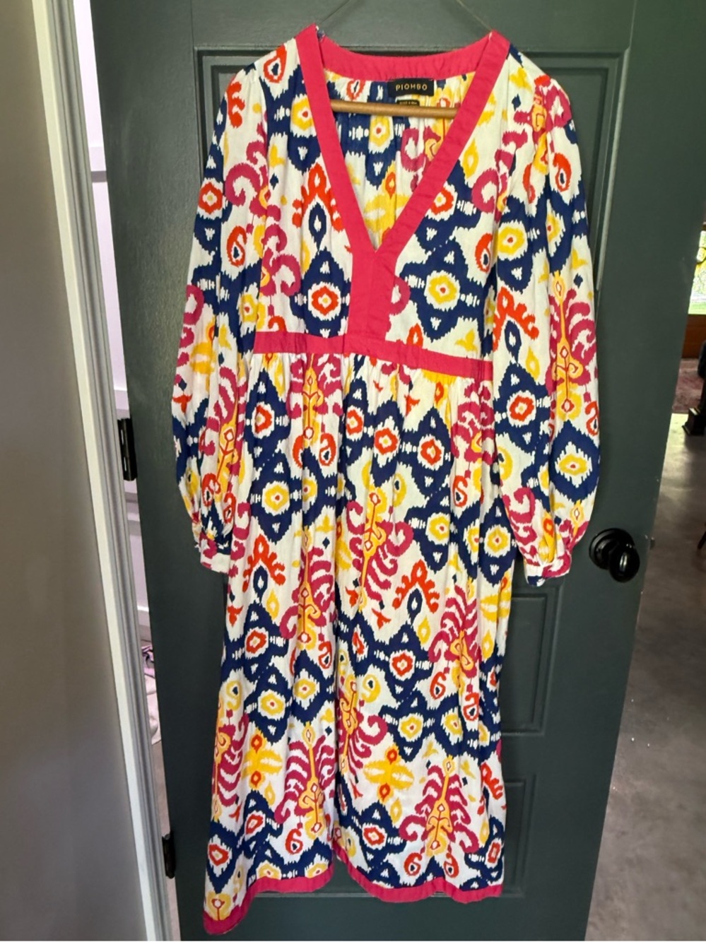 Piombo Multicolor Ikat V-Neck Dress with Pink Trim
